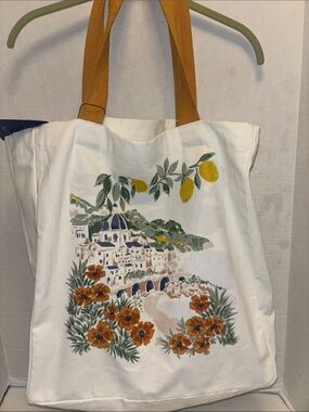 LAGUNE BRAND…WHITE CANVAS TOTE BAG WITH COASTAL VILLAGE SCENE FLORA AND LEMONS